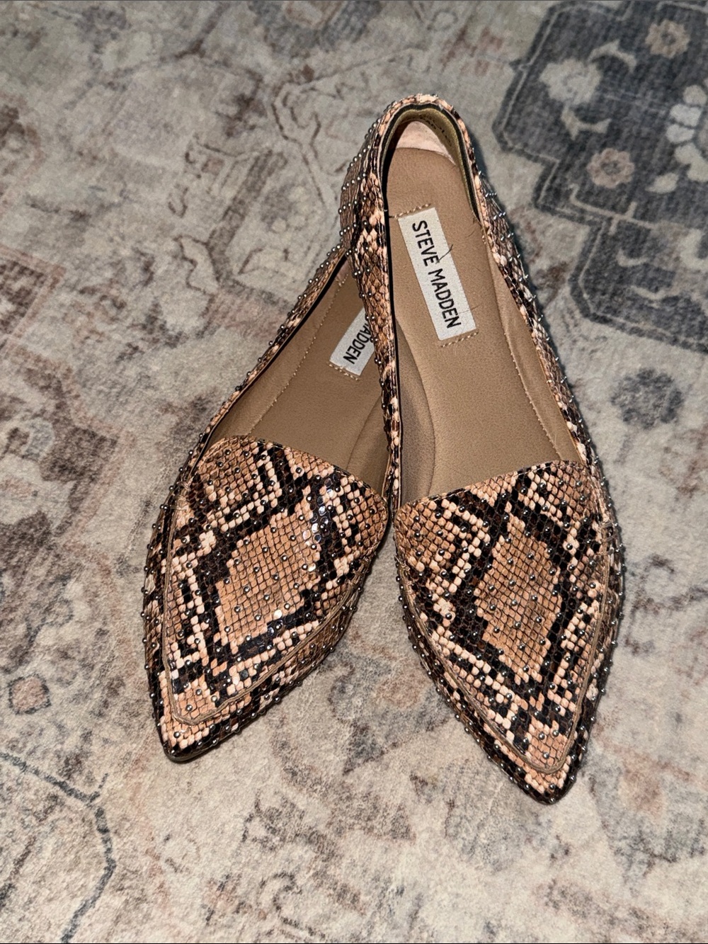 Steve Madden Snake-Print Pointed Toe Flats in Brown and Black